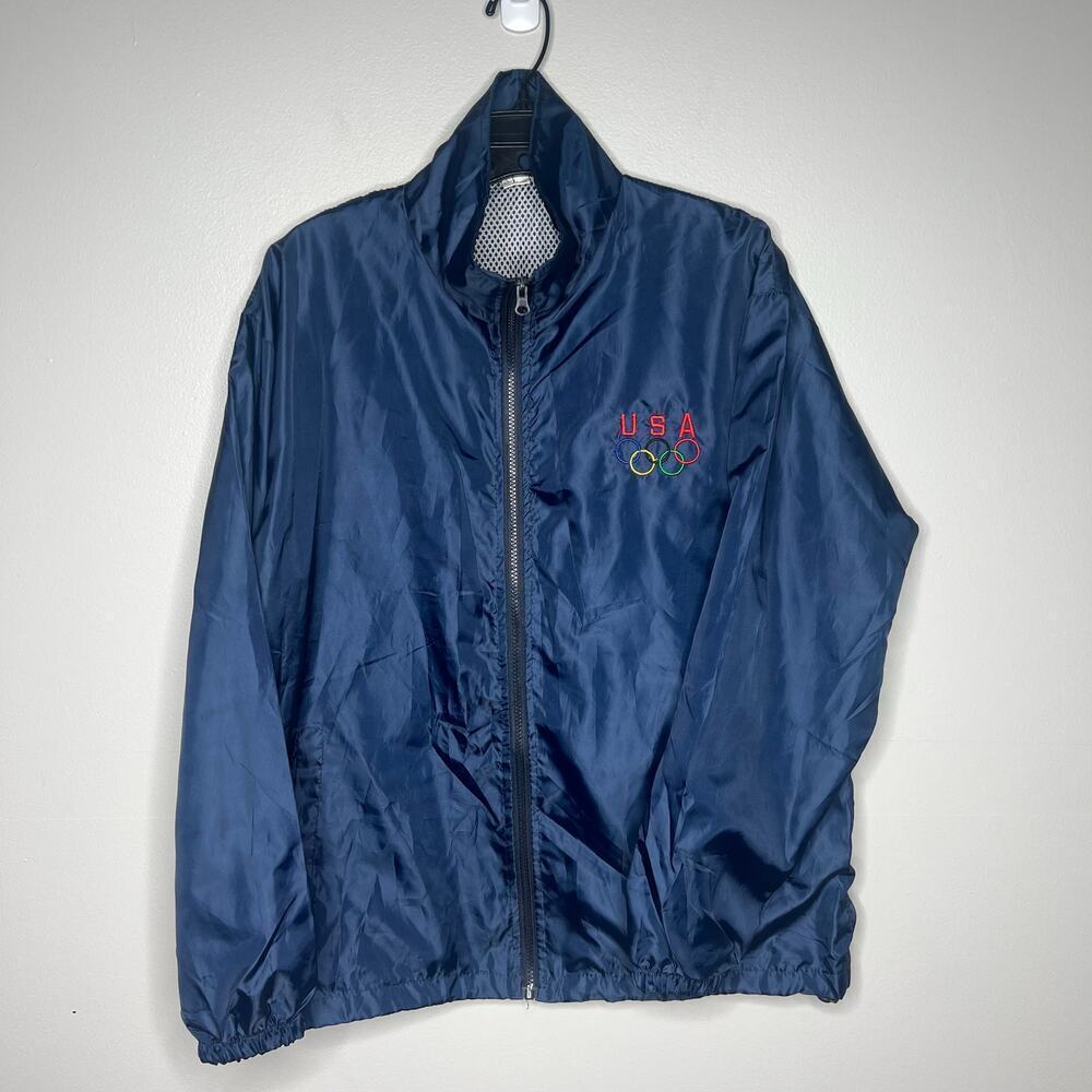 USA Olympic Ring Lightweight Windbreaker Jacket Coat Large Navy Full Zip Pockets